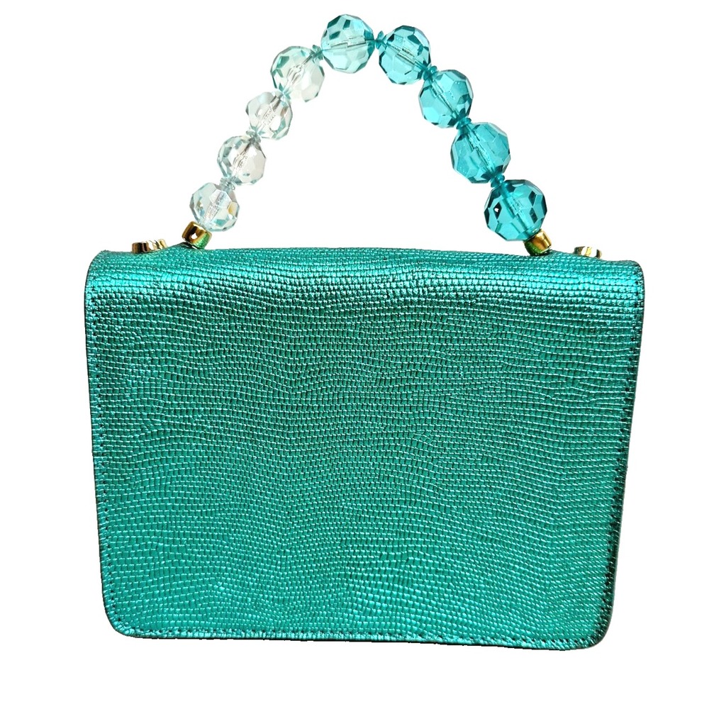 Roberta Gandolfi Purse Teal Leather Beaded Structured Mini Carrie Bradshaw Chic - Picture 1 of 8